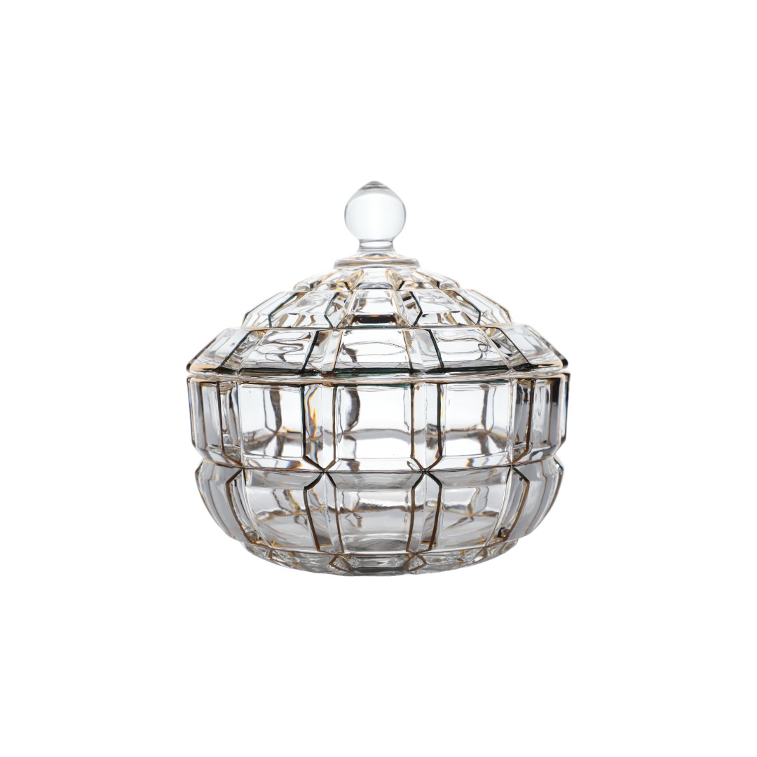 سكرية كريستال بغطاء، لون شفاف وذهبي